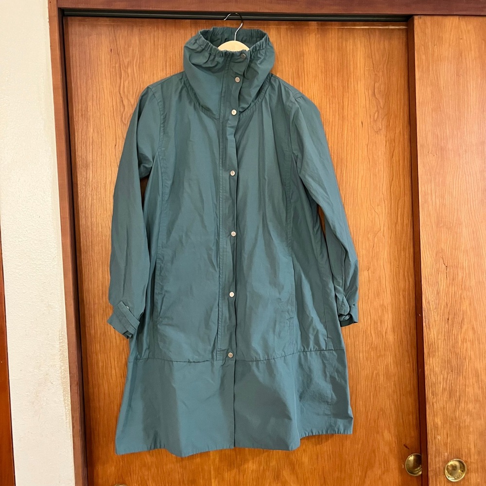 Eileen Fisher Turqoise Funnel Neck Longline Parka Jacket Women XS Zip Snap Front